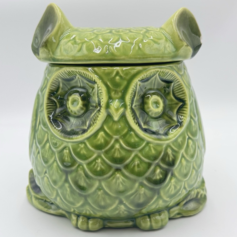VTG 8" Glazed Green Owl Ceramic Cookie Jar Or Dog Treat Jar MCM 70s GrannyCore